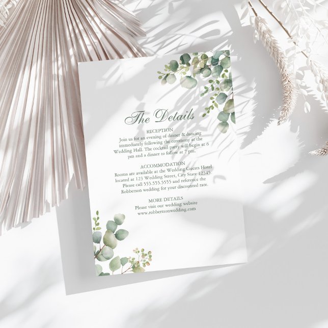 Modern Greenery Eucalyptus Wedding Details Card (Modern Greenery Eucalyptus Wedding Details Card on a sunny neutral and white boho table.)