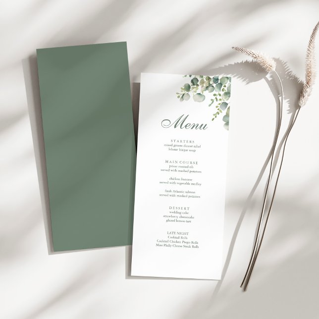 Modern Greenery Eucalyptus Wedding Menu (Modern Greenery Eucalyptus Wedding Menu on a sunny white table.)