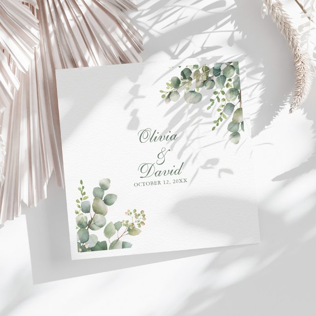Modern Greenery Eucalyptus Wedding Napkin (Modern Greenery Eucalyptus Wedding Paper Dinner Napkins on a sunny white table with boho decor.)