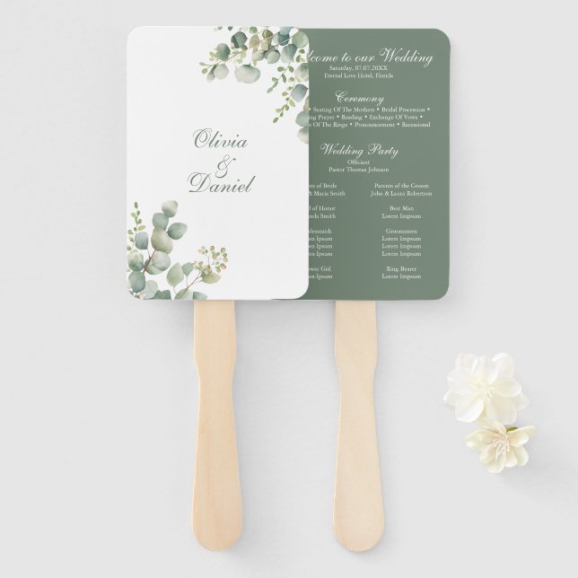 Modern Greenery Eucalyptus Wedding Program Hand Fan (Front and Back)