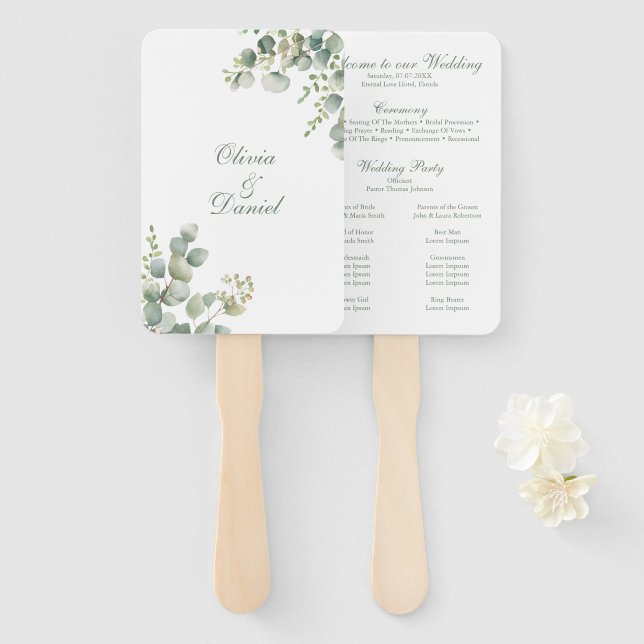 Modern Greenery Eucalyptus Wedding Program Hand Fan (Front and Back)
