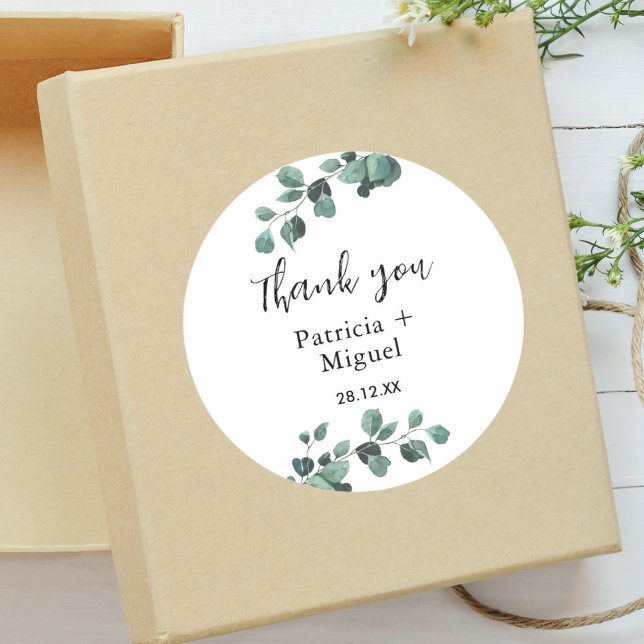 Modern Greenery Eucalyptus Wedding Thank You Classic Round Sticker (Creator Uploaded)