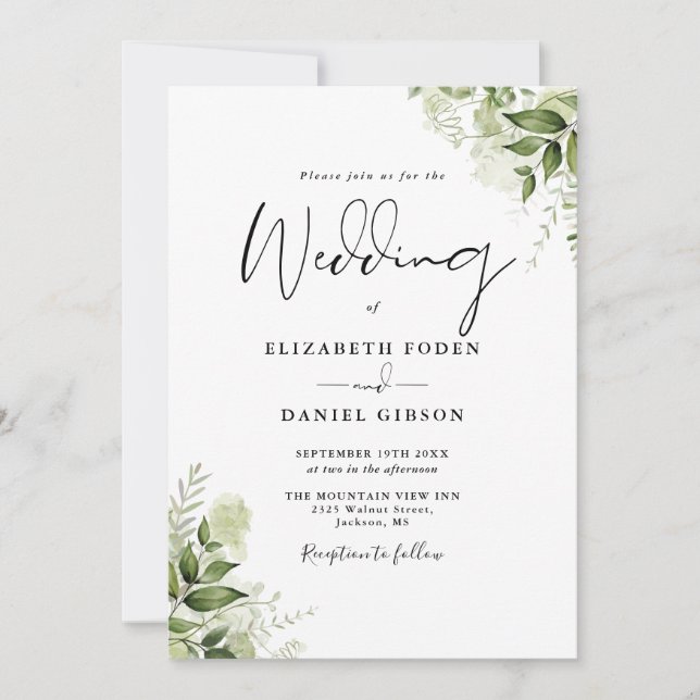Modern Greenery Floral QR Code Photo Wedding Invitation (Front)