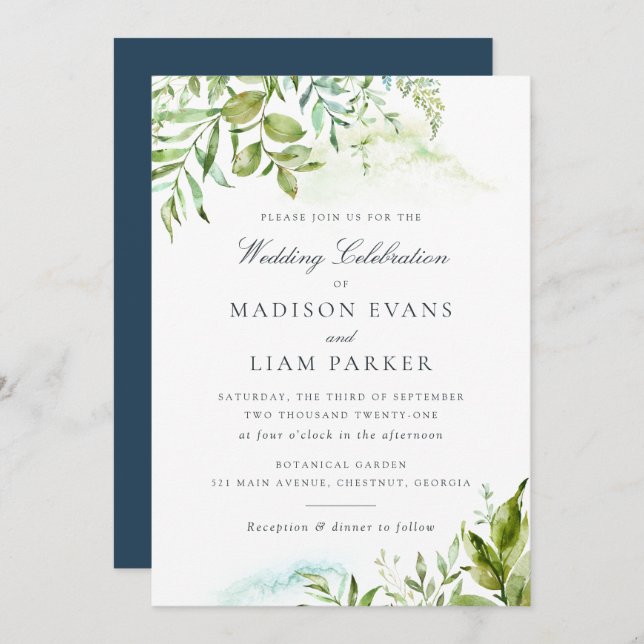Modern Greenery Foliage Leaves Watercolor Wedding Invitation (Front/Back)