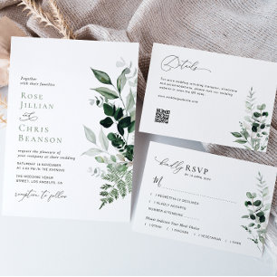 Modern Greenery foliage Sage Green Weddding Invitation