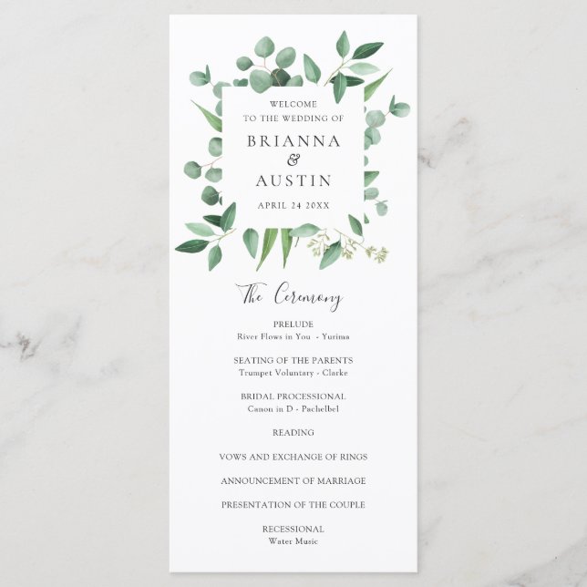 Modern Greenery Frame Eucalyptus Leaves Wedding Programme (Front)