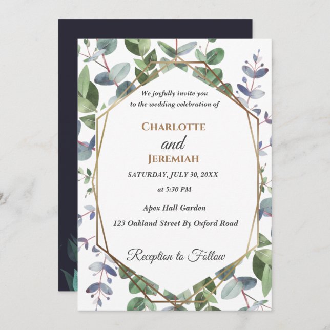 Modern Greenery Geometric Frame Wedding Invitation (Front/Back)
