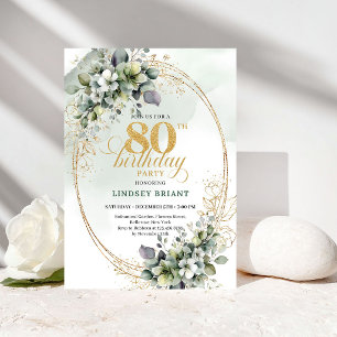 Modern Greenery Gold 80th Birthday Invitation