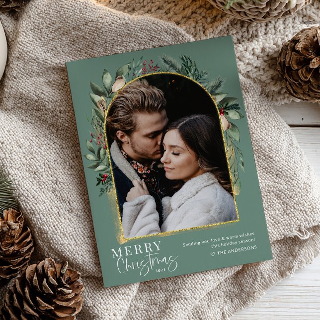 Modern Greenery Gold Arch Merry Christmas Photo Holiday Card (Creator Uploaded)
