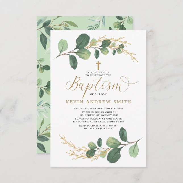 Modern Greenery Gold Boy Girl Baptism Invitation (Front/Back)