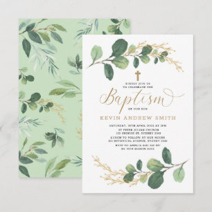 Modern Greenery Gold Boy Girl Baptism Invitation