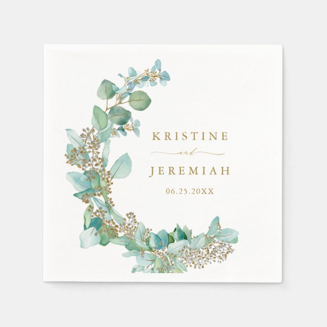 Modern Greenery Gold Eucalyptus Watercolor Wedding Napkin (Front)