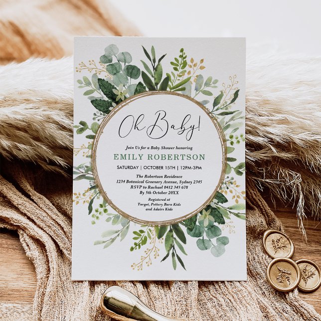 Modern Greenery Gold Gender Neutral Baby Shower Invitation (Creator Uploaded)