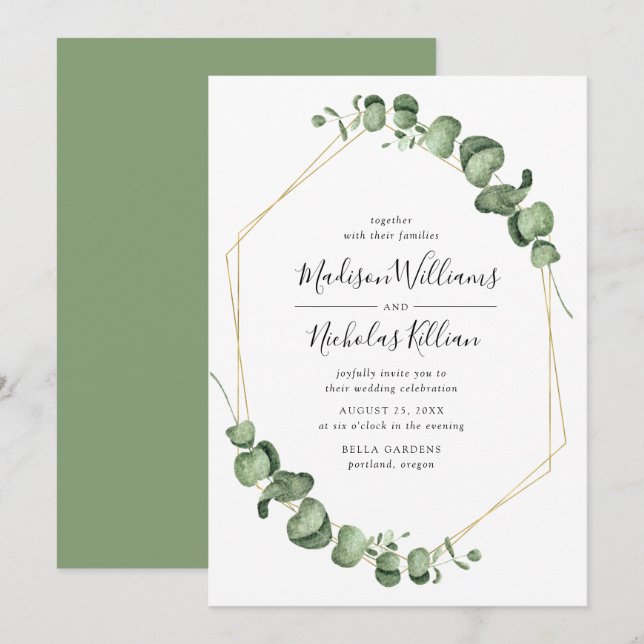 Modern Greenery | Gold Geometric Frame Wedding Invitation (Front/Back)