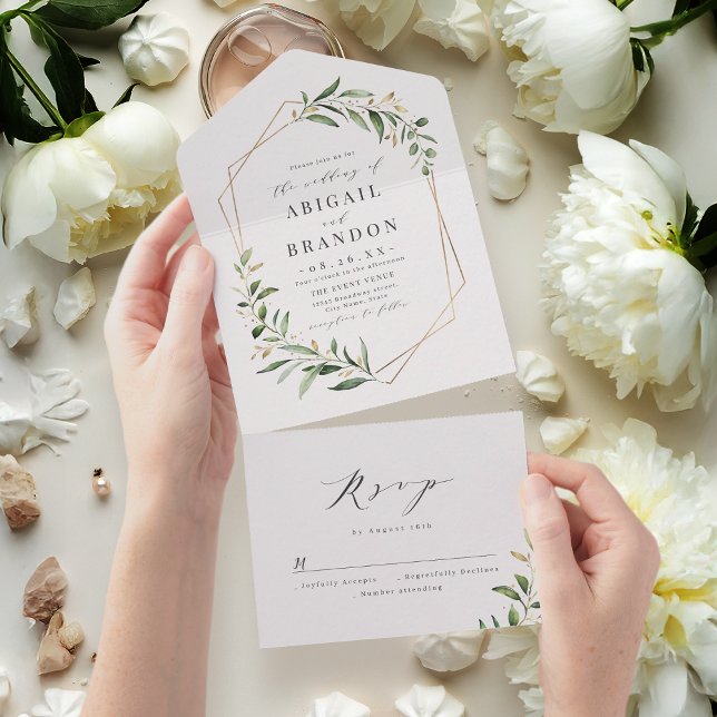 Modern Greenery Gold Geometric Rustic Wedding All In One Invitation (Modern Greenery Gold Geometric Rustic Wedding All In One Invitation)