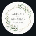 Modern Greenery Gold Geometric Rustic Wedding Classic Round Sticker<br><div class="desc">Rustic watercolor botanical foliage greenery design and faux gold foil leaves and geometric frame,  with couple's names and wedding date,  simple and elegant,  great for summer rustic wedding,  spring botanical garden wedding. 
See all the matching pieces in collection</div>