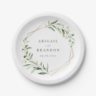 Modern Greenery Gold Geometric Rustic Wedding Paper Plate