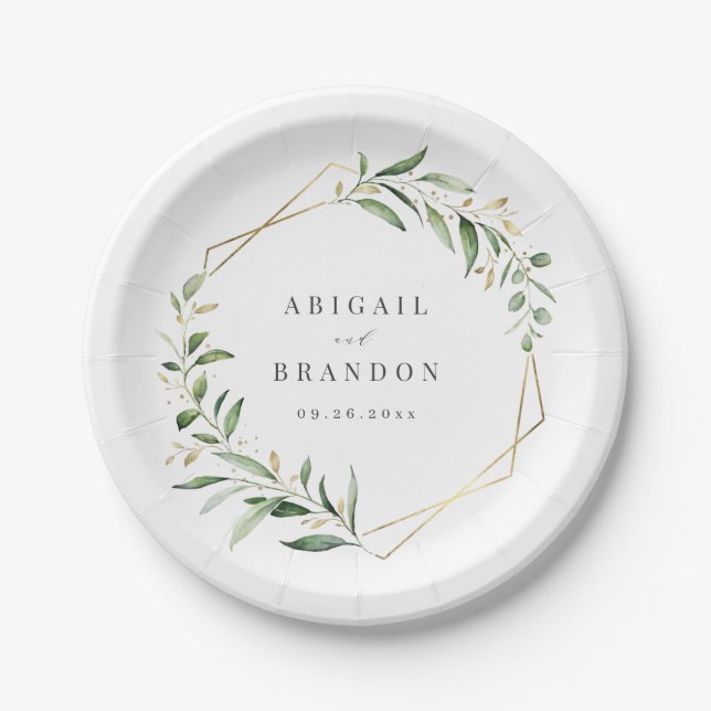 Modern Greenery Gold Geometric Rustic Wedding Paper Plate (Front)