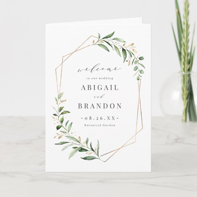 Modern Greenery Gold Geometric Rustic Wedding Programme (Front)
