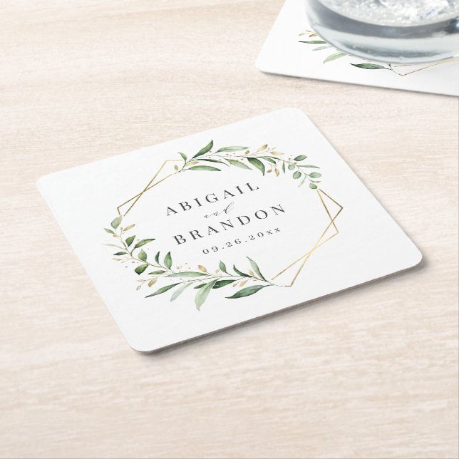 Modern Greenery Gold Geometric Rustic Wedding Square Paper Coaster (Angled)