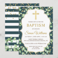 Modern Greenery Gold Glitter Baptism Invitation