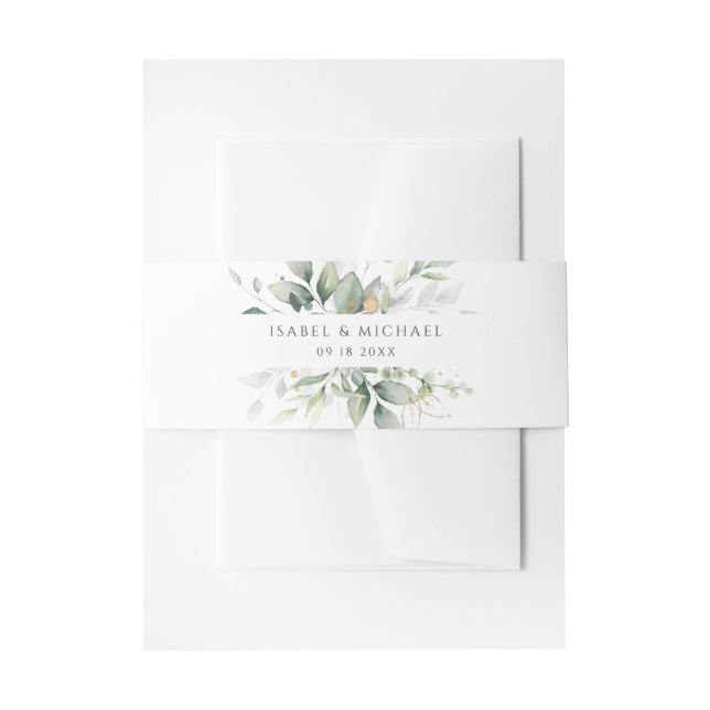 Modern Greenery Gold Leaf Wedding Invitation Belly Band (Front Example)