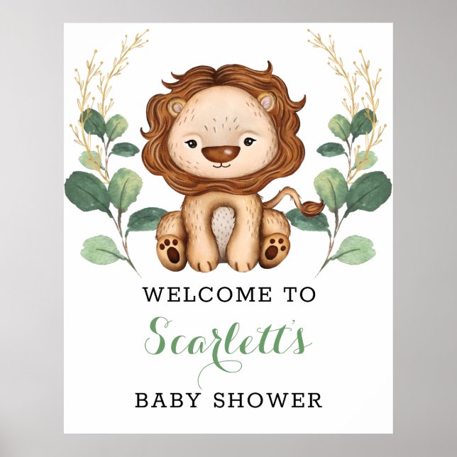 Modern Greenery Gold Lion Baby Shower Welcome Poster (Front)