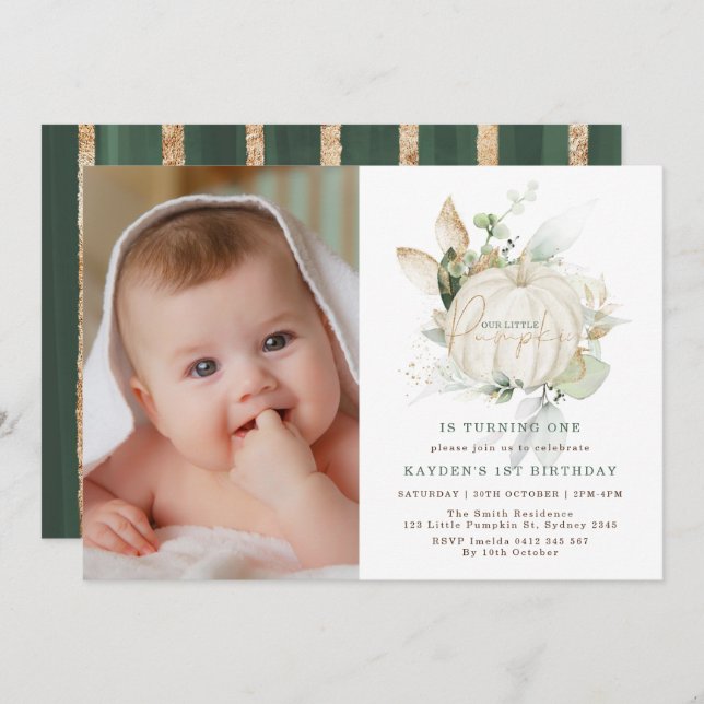 Modern Greenery Gold Little Pumpkin Birthday Photo Invitation (Front/Back)