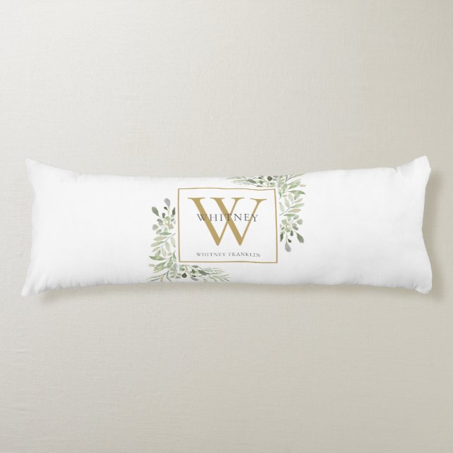 Modern Greenery Gold Monogram Body Cushion (Front)