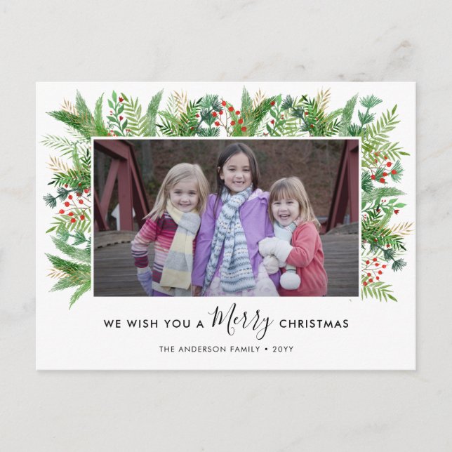 Modern Greenery Holly Pines Merry Christmas Photo Holiday Postcard (Front)