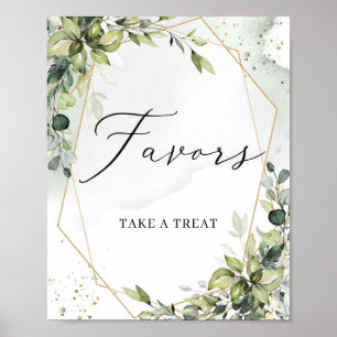 Modern greenery leaves gold geometric favours sign