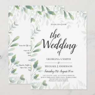 Modern Greenery Leaves Wedding QR Code RSVP Invitation