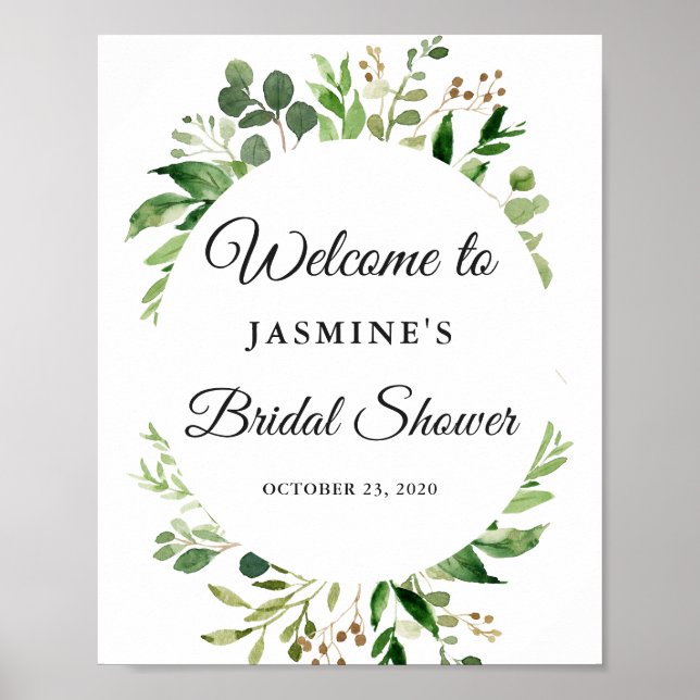 Modern Greenery Leaves Wreath Bridal Shower Sign (Front)