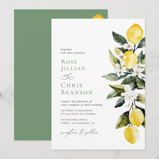 Modern Greenery Lemon Floral Weddding Invitation (Front/Back)