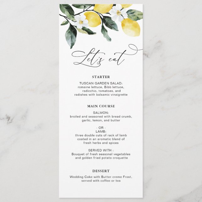 Modern Greenery Lemon Floral Wedding  Menu (Front)