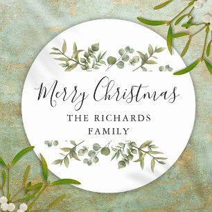 Modern Greenery Merry Christmas Family Name Classic Round Sticker