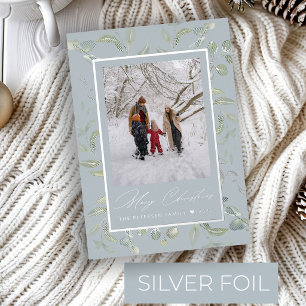Modern greenery Merry Christmas photo silver