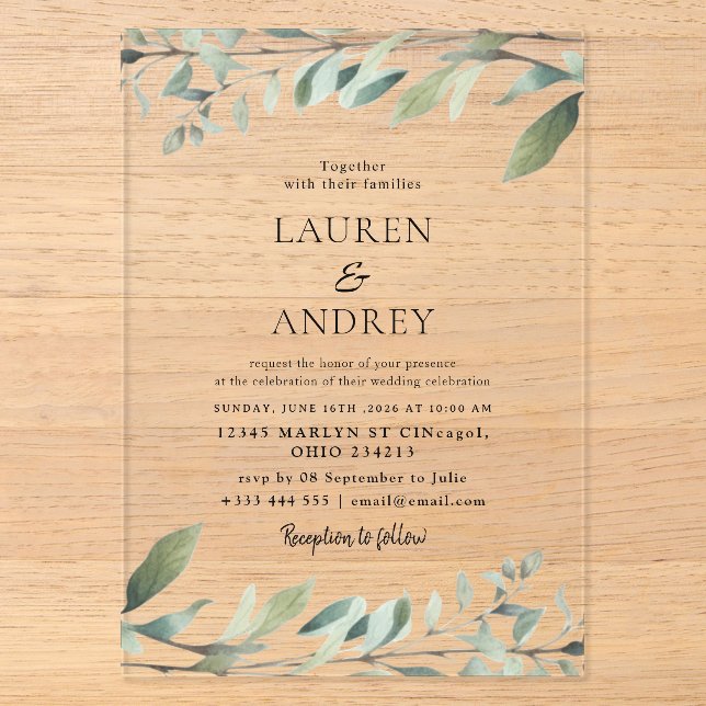 Modern Greenery Minimalist Wedding Acrylic Invitations (Front)