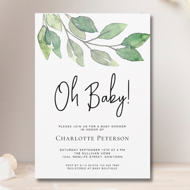 Modern Greenery Oh Baby Baby Shower Invitation (Creator Uploaded)