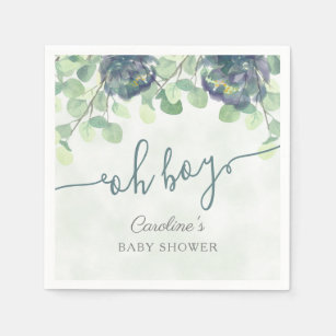 Modern Greenery Oh Boy Blue Floral Baby Shower Napkin