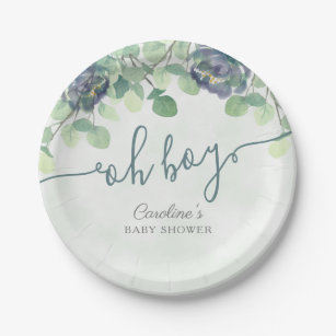 Modern Greenery Oh Boy Blue Floral Baby Shower Paper Plate