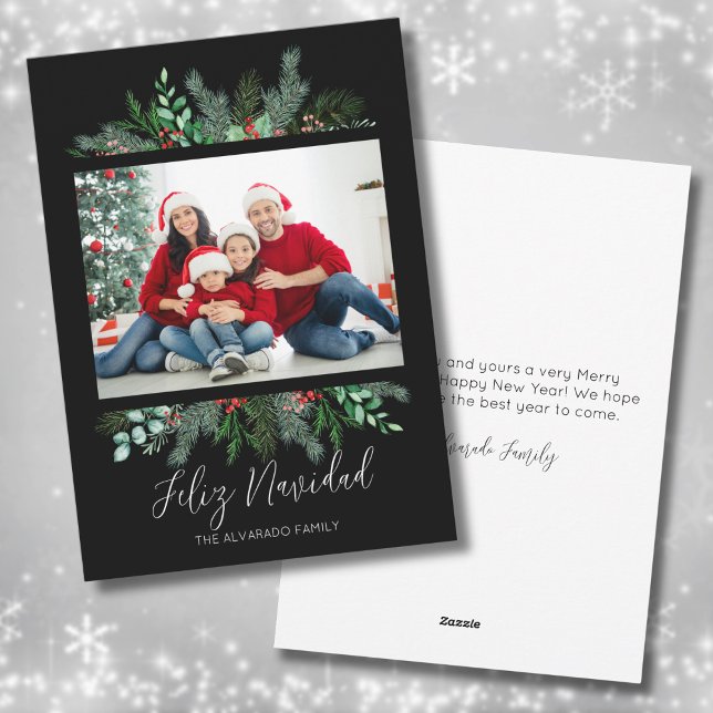 Modern Greenery Photo Feliz Navidad Christmas Holiday Card (Modern Greenery Photo Feliz Navidad Christmas Holiday Card)