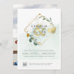 MODERN Greenery PHOTO Wedding Invitation QR CODE