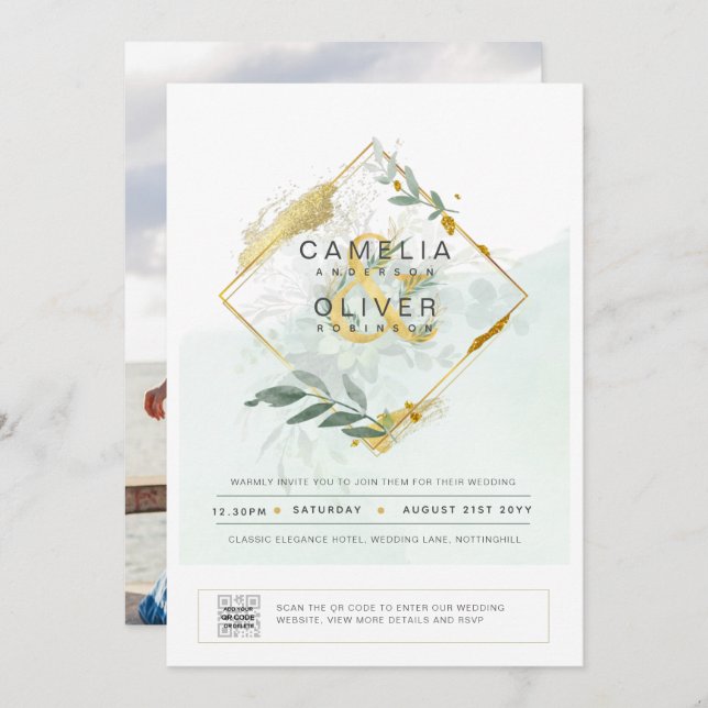 Modern Greenery PHOTO Wedding Invitation QR CODE (Front/Back)
