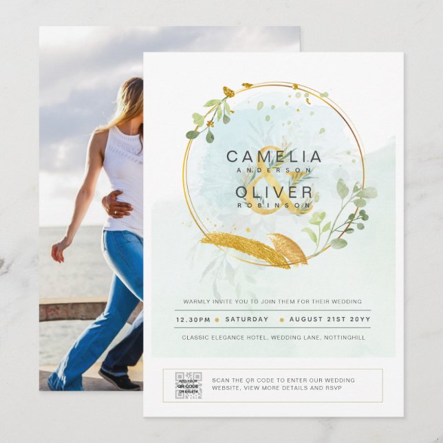 Modern Greenery PHOTO Wedding Invitation QR CODE (Front/Back)