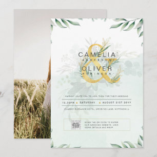 Modern Greenery PHOTO Wedding Invitation QR CODE