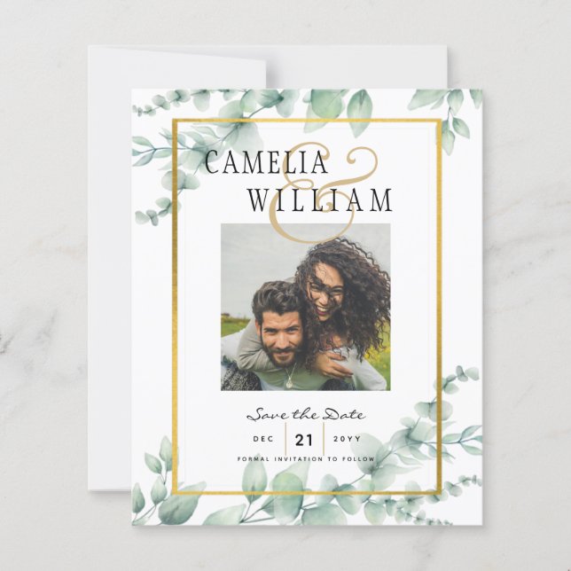 Modern Greenery PHOTO Wedding Save the Date QRcode (Front)