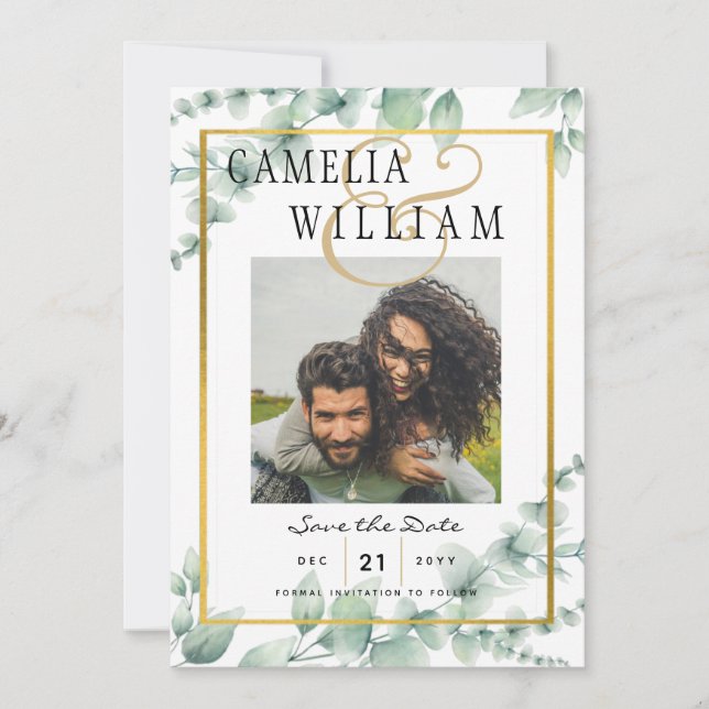 Modern Greenery PHOTO Wedding Save the Date QRcode Invitation (Front)