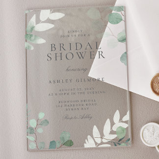 Modern Greenery Spring Bridal Shower Acrylic Invitations