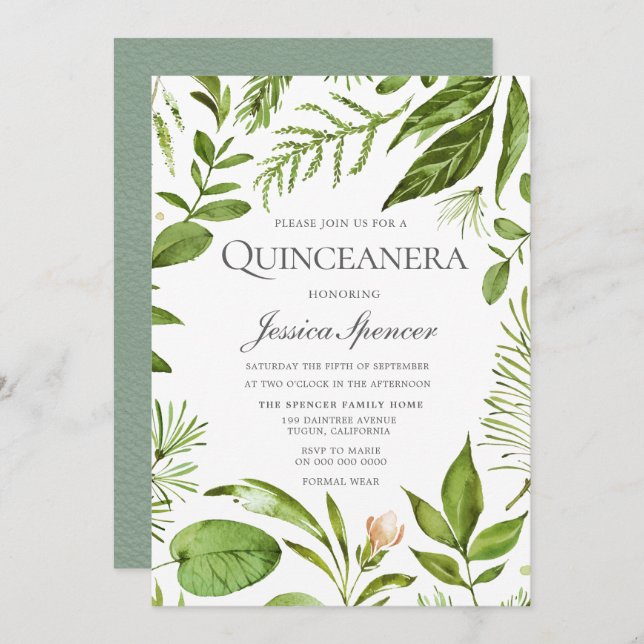 Modern Greenery Summer Spring Quinceanera Invite (Front/Back)